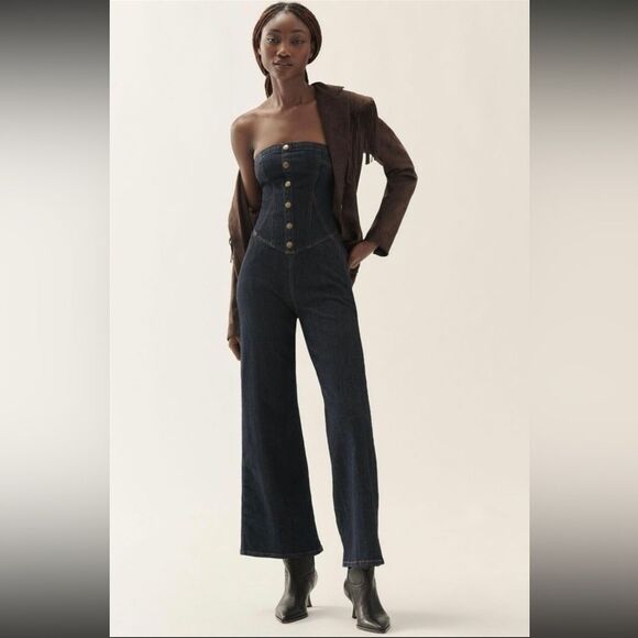NEW! Anthropologie Pilcro Dark Denim Corset Wide Leg Jumpsuit - Size 12 - Picture 1 of 13